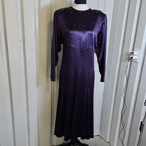 A.J. Bari Sakowitz Vintage Deep Blue Long Sleeve Satin Dress Size 12 Open Back